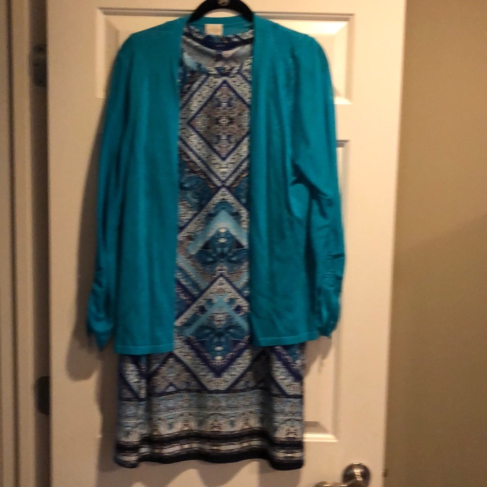 Turquoise/navy print dress and cardigan
